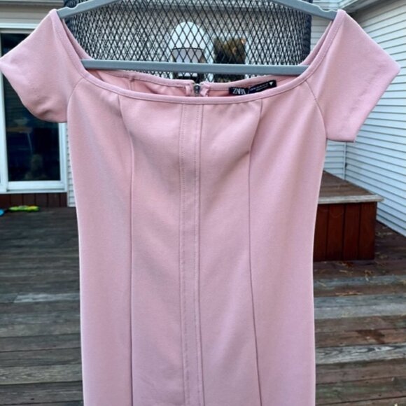 ZARA NWT Baby Light Pink Topstitched Off the Shoulder Bodycon Midi Dress Size M - Picture 11 of 16